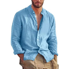 Hehope New Men's Solid Color Long Sleeve Shirt Linen Cotton Shirts Trend Plus-size Stand Collar Casual Lightweight Beach Shirts for Men