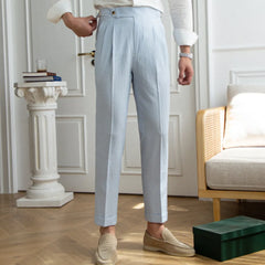 Hehope Summer Seersucker High Waist Straight Pants British Petty Bourgeoisie Blue Stripe Italian Casual Trousers Men Pantalones Hombre