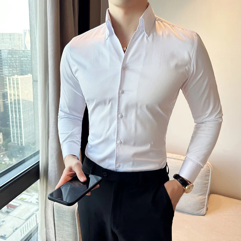 Hehope Korean Black White High Quality Solid Color Long Sleeve Shirt Men Business Slim Fit Casual Shirts Formal Office Social Party Top