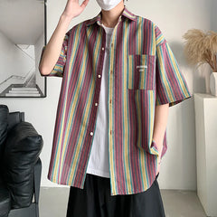 Hehope 2024 Summer Men's Color Striped Short Sleeve Shirt Oversized Hawaiian Beach Shirt Japanese Style Fashion Casual Blouse Clothes