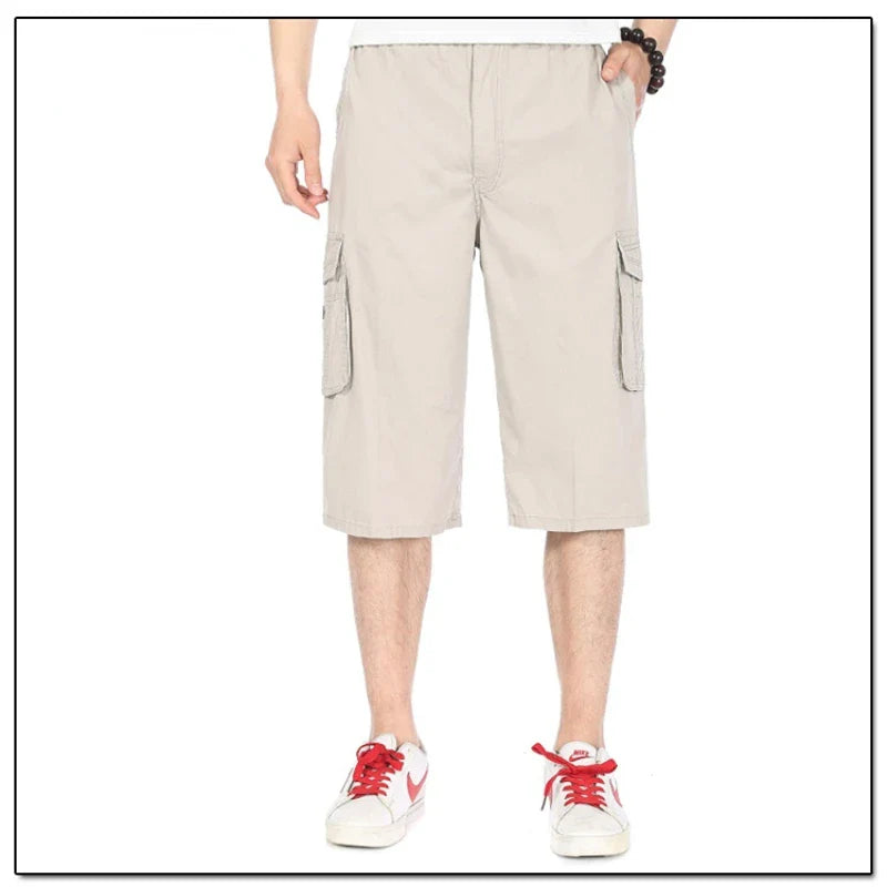 Hehope Summer Thin Middle-aged Men's Solid Color Spliced Large Mouth Bag Elastic Waist Casual Loose Versatile Seven Point Beach Shorts