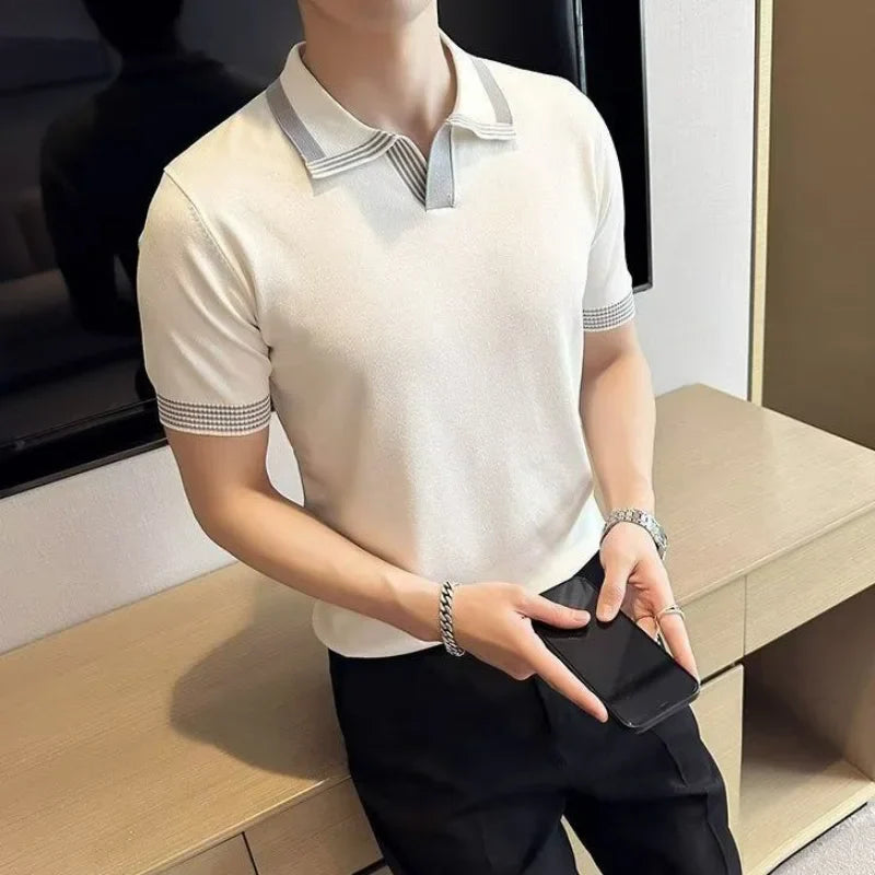 Hehope Japanese Vintage Smart Casual Ice Silk Short Sleeve Polo Shirt Men's Panelled Lapel Knit Loose Simple Breathable Summer Thin Top