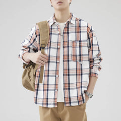 Hehope New retro men's loose shirt spring and summer plaid casual American cargo shirt coat