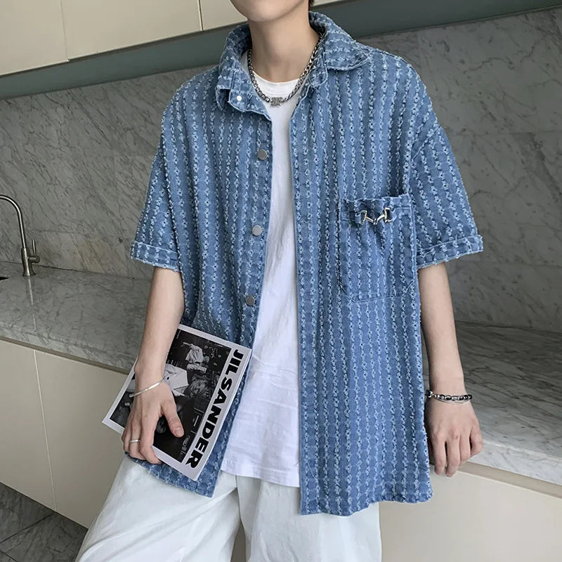 Hehope High Street Hole Denim Shirts Men Summer Korean Fashion Irregular Bead Decorate Mens Shirt Single Breasted Luxury