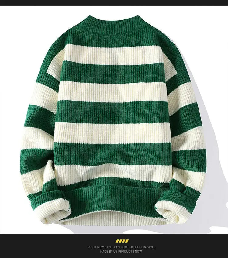 Hehope Autumn/Winter Men's Pullover Round Neck Loose Striped Contrast Letter Warm and Thick Casual Fashion Elegant Commuting Knitwear