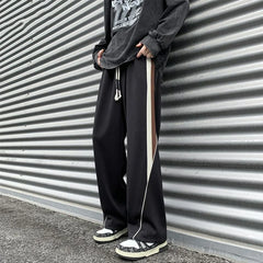 Hehope Autumn New Contrast Stripe Spliced Sports Pants Solid Drawstring Pocket American High Street Loose Wide Leg Casual Trousers