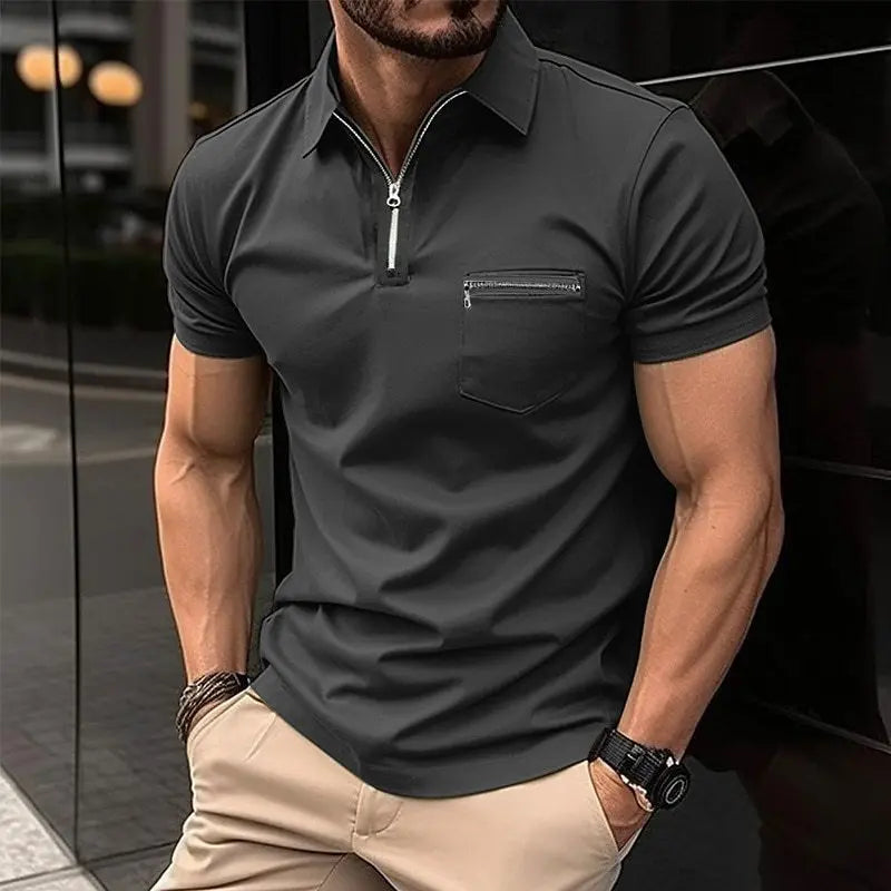 Hehope Summer Men Polo Shirts Solid Color Short Sleeve Pocket Zipper Business Casual Top Fashion Mature Men's Sports Polo Tshirt