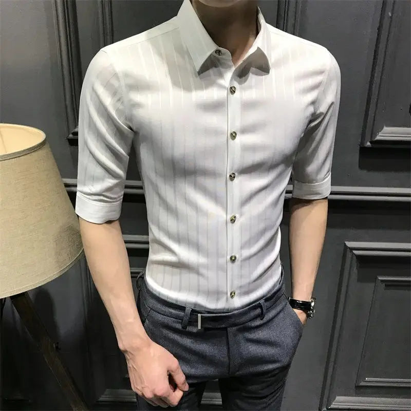 Hehope Loose Solid Formal Button Striped Turn-down Collar Long Sleeve Shirts Temperament Fashion Casual Spring Summer Men's Clothing