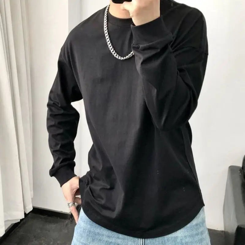 Hehope New Spring and Autumn Fashion Simple Round Neck Solid Color Versatile Trend Casual Loose Underlay Oversize Men's T-shirt