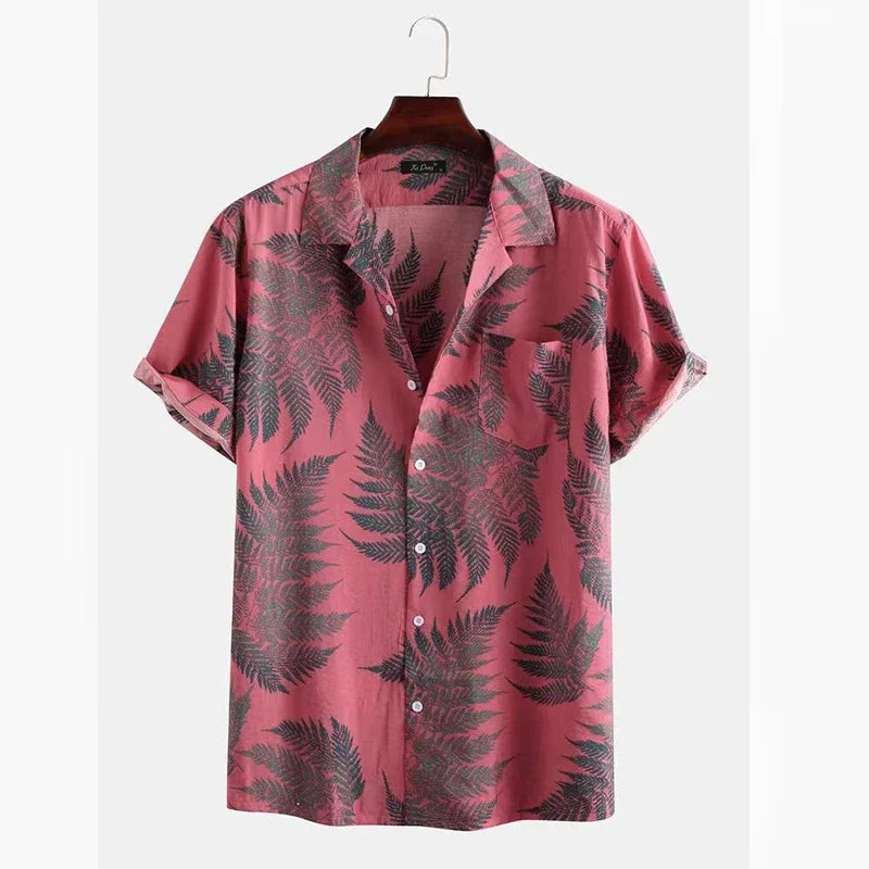 Hehope New Summer Men's Hawaiian Shirts Maple Leaf Print Turn-down Collar Shirts For Men Button-up Short Sleeve Tops Trend Men Clothes