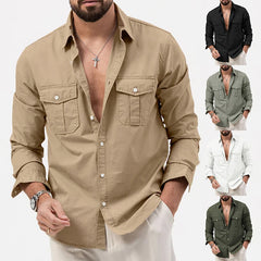 Hehope Spring and summer new European and American men's shirt multi-pocket casual long-sleeved shirt