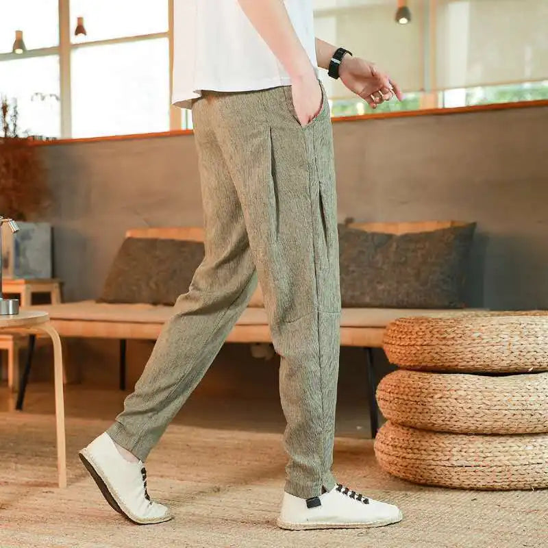 Hehope Vintage Chinese Summer Casual Pants Men Solid Thin Cotton Hemp Pocket Elastic Waist Drawstring Straigh Loose Haren Trousers