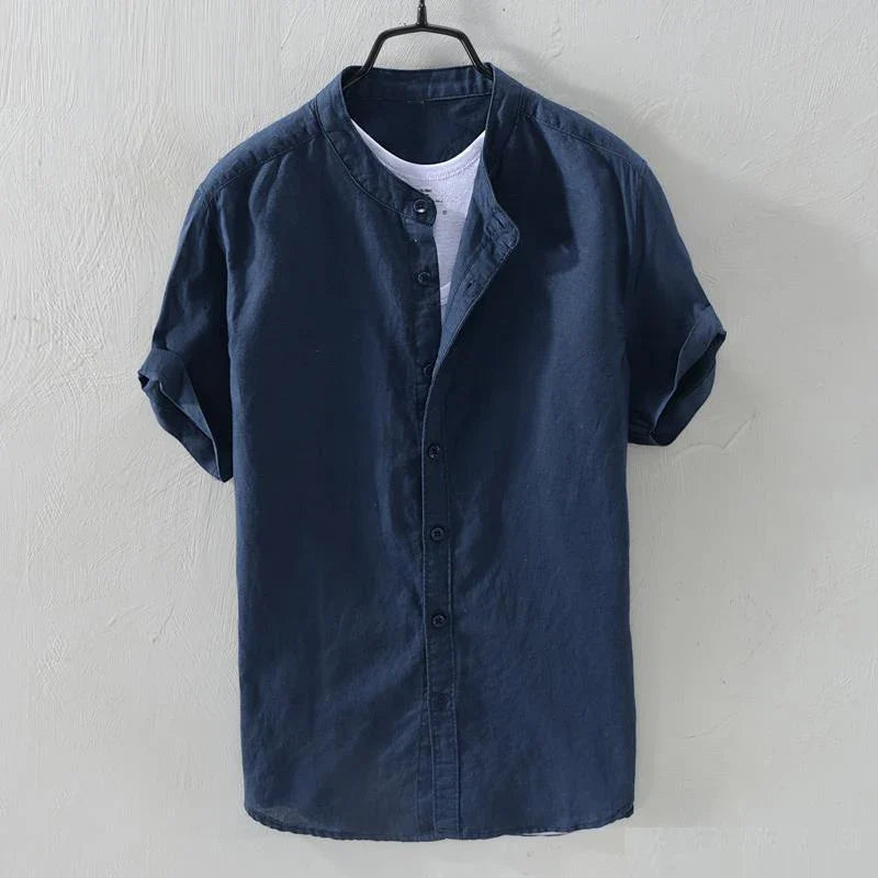 Hehope Men Retro Simple Casual Stand Collar Cotton Linen Button Shirts Summer Japanese Style Solid Short Sleeve Tops Camisas De Hombre