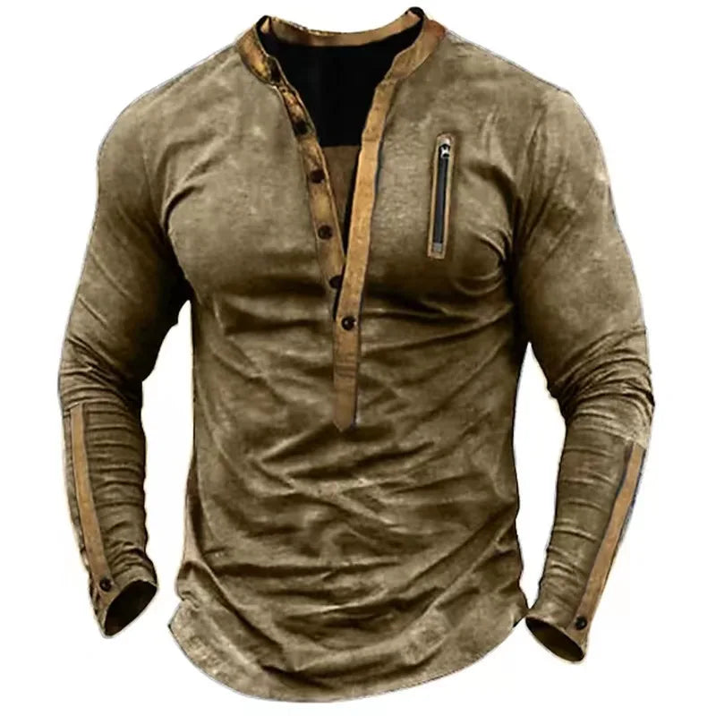 Hehope Spring Autumn Vintage Casual Loose Men Zip Pocket Pullover Splicing Men's Outdoor T-shirt Henley Collar Tactica Male Tops Shirts