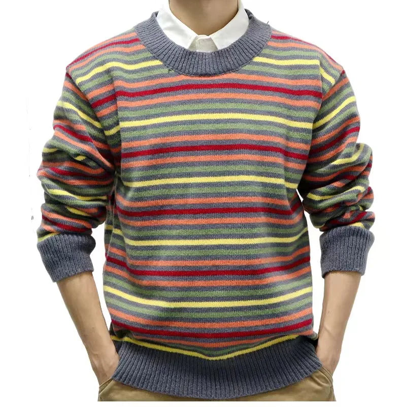 Hehope Autumn Winter Stripe Sweater O-Neck Slim Fit Men’s Retro Knitted Pullover Stitching Color Design Classic Sweaters Men Clothing