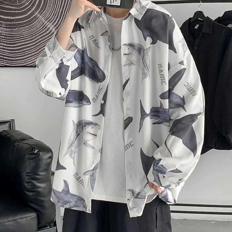 Hehope Long Sleeve Turn-down Collar Shirts Loose Printing Handsome Spring Summer Thin Fashion Casual Streetwear Button Men's Clothing