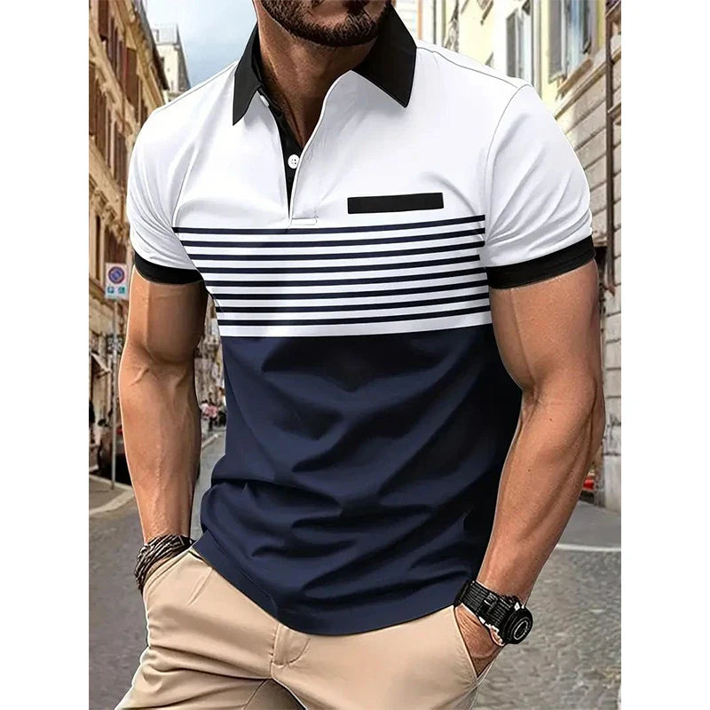 Hehope Summer New Casual Fashion Versatile Polo Shirt Men's Lapel Button Color Block Print Patchwork Striped Ventilate Long Sleeved Top