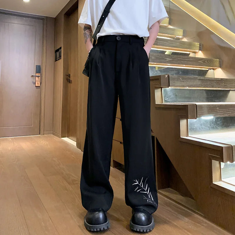 Hehope 2024 Summer Men's Long Straight Trousers Wide Leg Embroidery Drape Casual Suit Pant Fashion Oversize Pants for Man Black White