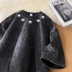 Hehope Men Black Washed T-shirt O-neck Star Patterned Heavyweight Short Sleeve Harajuku Streetwear Tshirt Hip Hop Tops