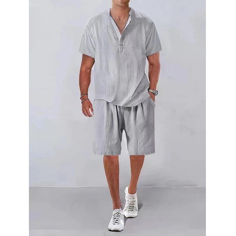 Hehope Fashion Men Sets Mens Solid Color Summer Stand Collar Linen Outfits Short Sleeve Polo Shirt+Shorts Two Pieces Men Casual Suit