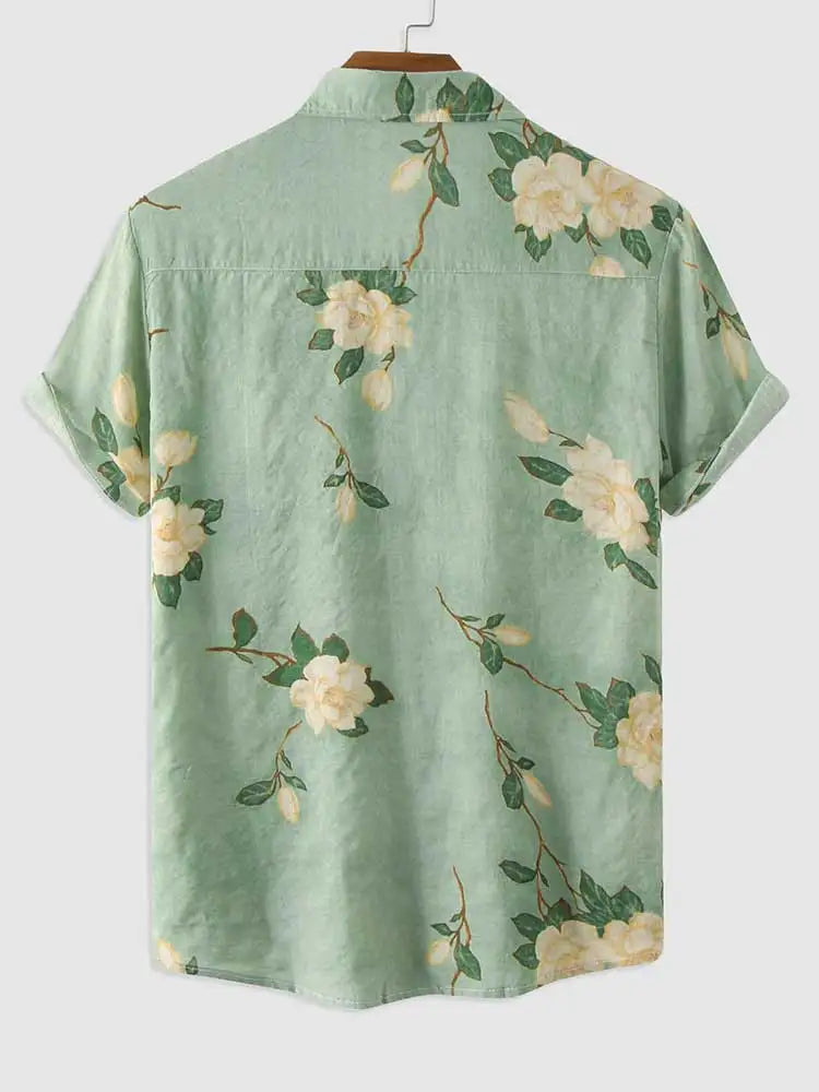 Hehope Shirts for Men Flowers Pattern Short Sleeves Blouses Summer Streetwear Shirt Casual Button Loose Tops Hawaiian Style