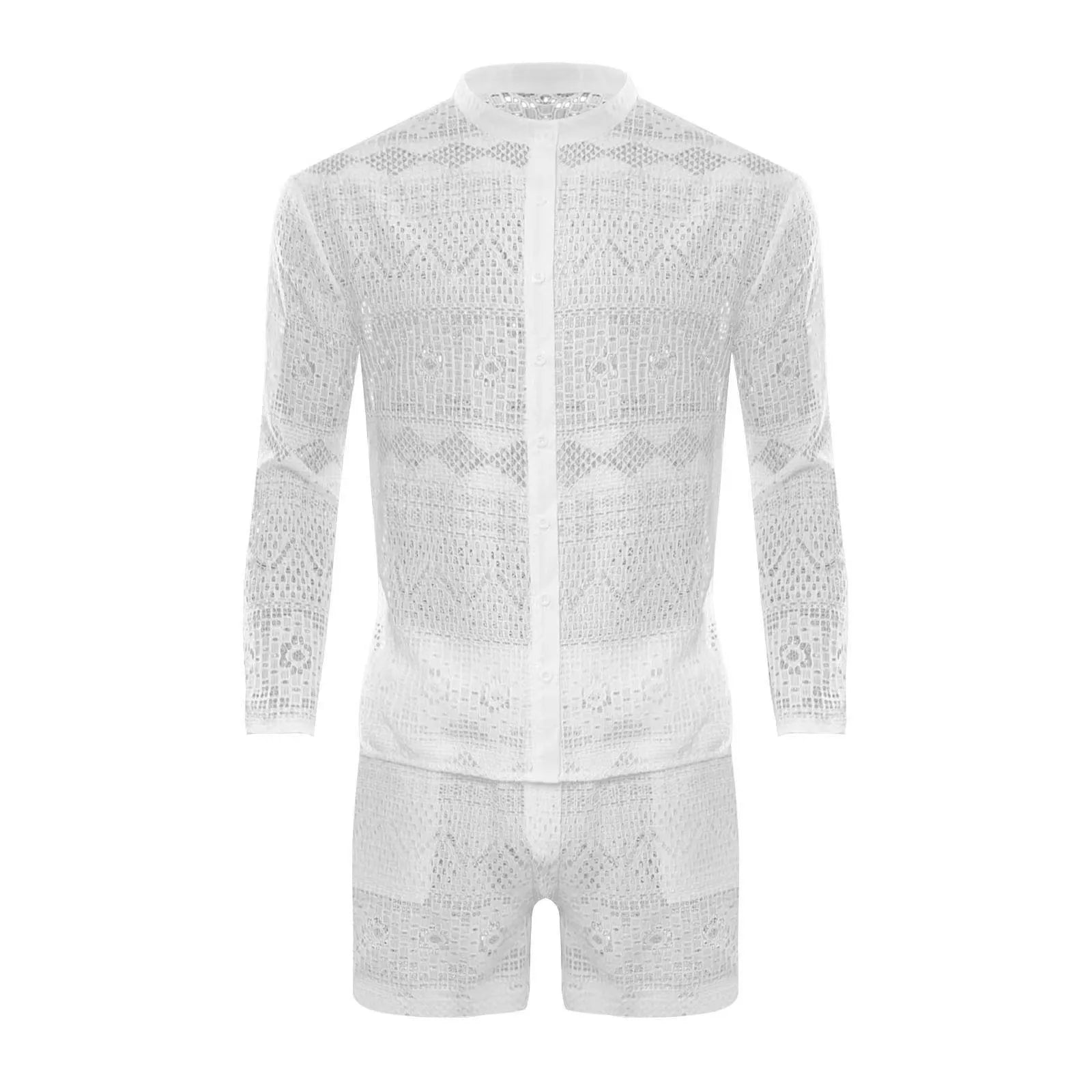 Hehope New Summer Men Two Piece Suits Sexy See Through Lace Outfits Beach Fashion Plain Pattern Print Long Sleeved Tops And Shorts Set