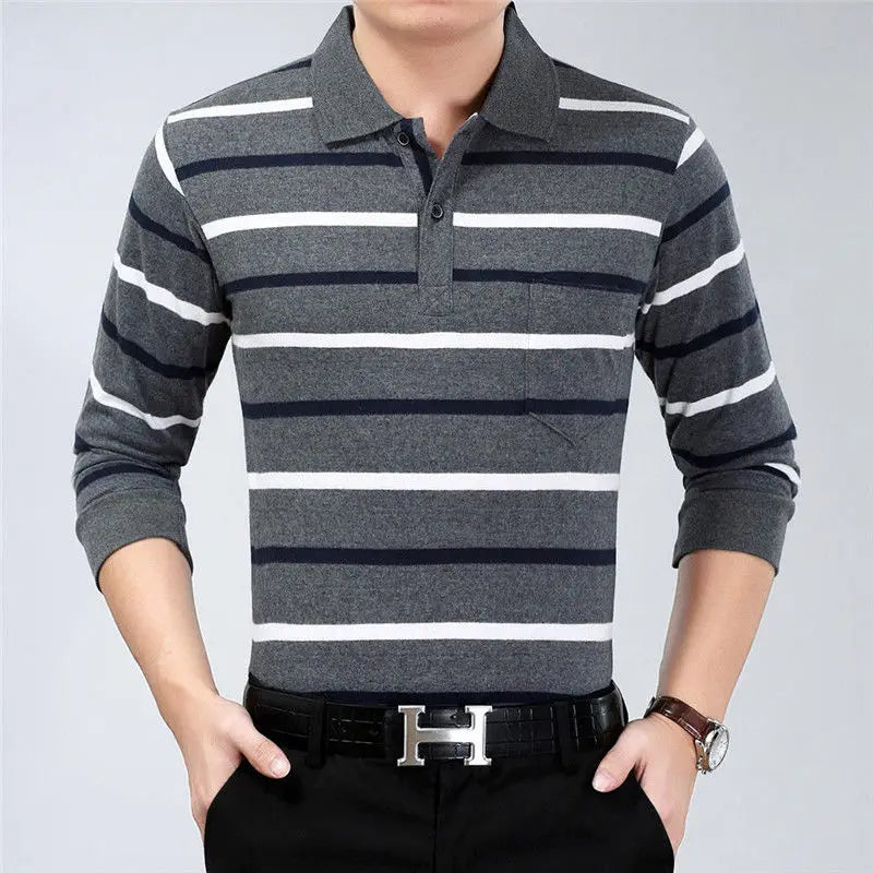 Hehope Fashion Men New Business Striped Polo Shirts Korean Spring Autumn Casual Long Sleeve Lapel Pockets Male Clothes Cotton Tops