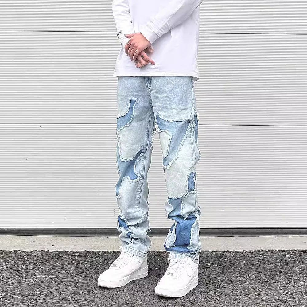 Hehope Streetwear Swag Style Blue Frayed Jeans Pants for Men Retro Washed Ripped Casual Tapered Denim Trousers Slim Fit Y2k Jean Male