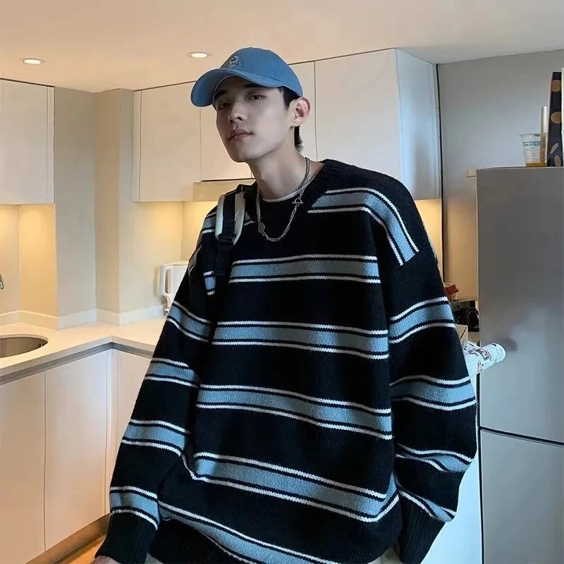 Hehope Oversized Men Striped Sweater Harajuku Japanese Style Autumn New Round Neck Spliced Color Loose Hip Hop Couple Knitted Sweater