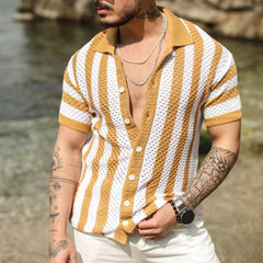 Hehope Knitted Shirts Mens Fashion Hollow Out Breathable Beach Cardigan Shirt Short Sleeve Mens Summer Button Lapel Casual Knit Shirts