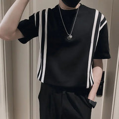 Hehope Men's Clothing Summer Korean High Street Striped Short Sleeve Oversized Streetwear T-shirts Y2K Male Casual Round Neck Tee Tops