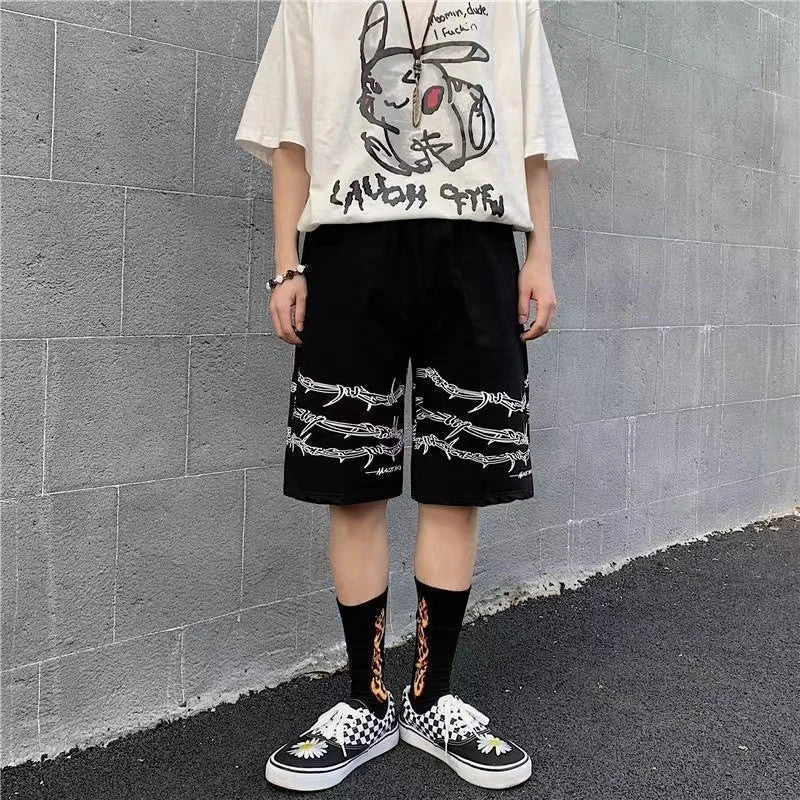 Hehope Summer trend ins dark high street hip-hop print personality casual shorts men's elastic waist tie quick-drying pants