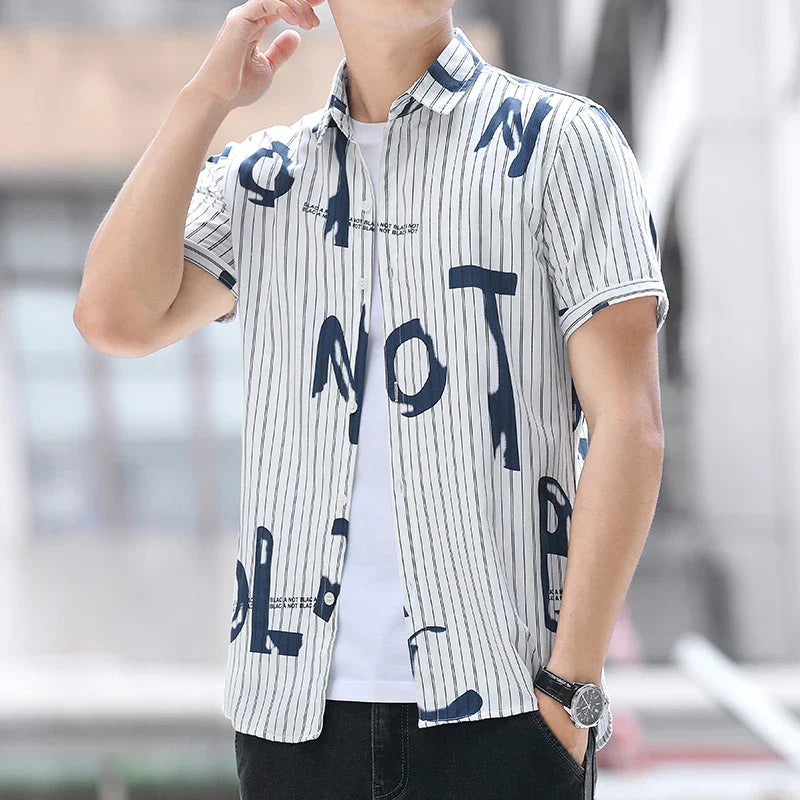 Hehope Summer Men's Shirt New Fashion Beach Turn-down Collar Polo-Neck Short Sleeve Striped Letter Commute Ice Daily Casual Tops