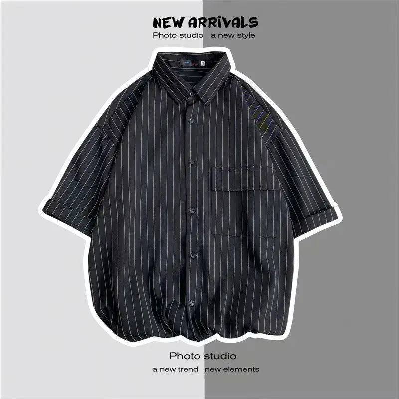 Hehope Summer New Fashion Turn-down Collar Short Sleeve Shirt Man High Street Vertical Stripe Single Breasted Personality Tops