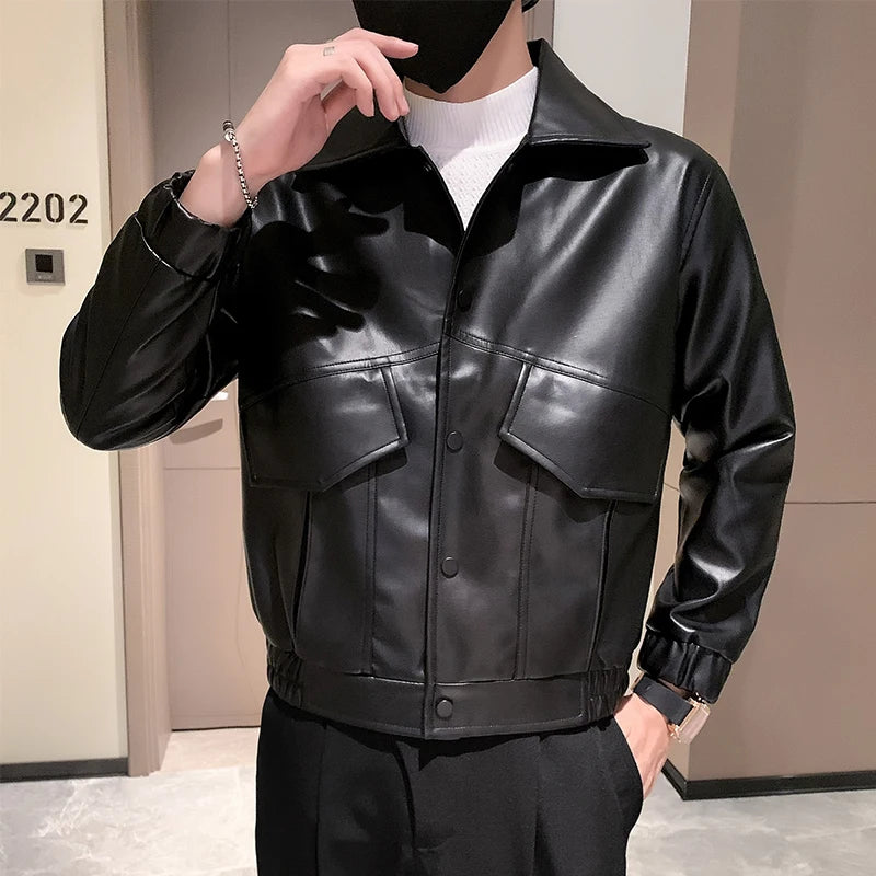 Hehope Black White PU Jackets Men Spring Autumn Leather Jacket Coat Male Fashion Casual Motor Biker PU Leather Coat Big Size 3XL-M