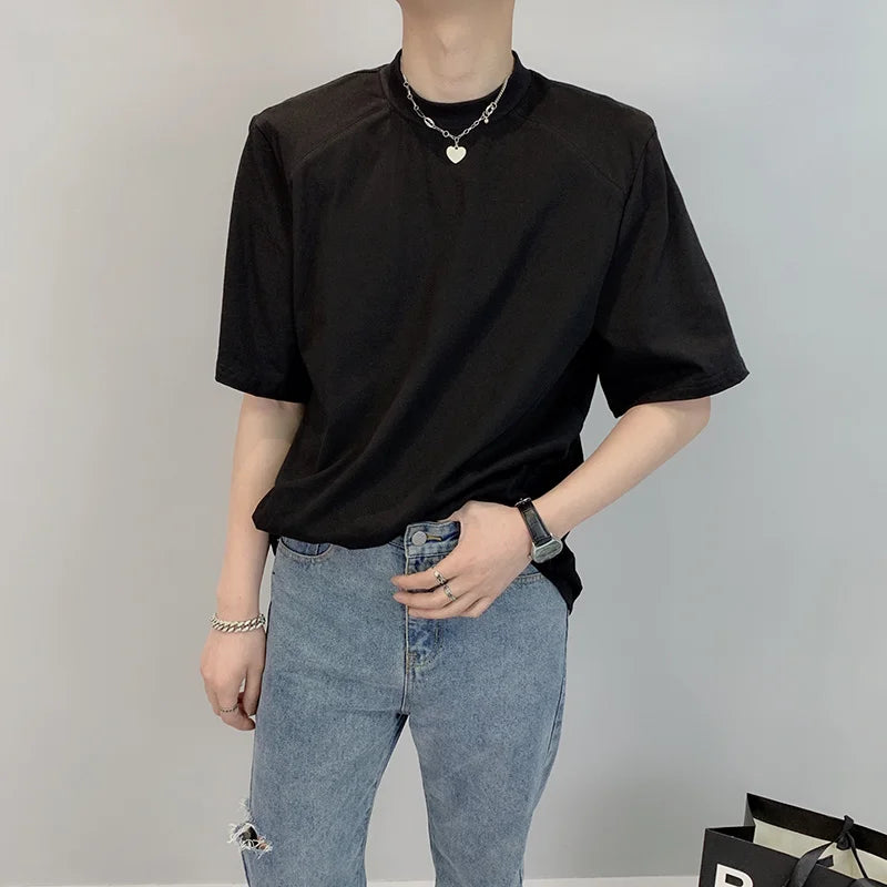 Hehope Summer Short Sleeve T-shirt Men Fashion Casual Shoulder Pad Tshirt Men Streetwear Korean Loose Round Neck T Shirt Mens Top M-2XL