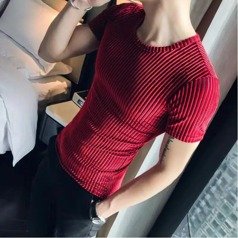 Hehope Fashion Summer Men Velvet T-Shirt Slim Solid Striped Casual O-neck TShirt Shorts Sleeve Tight Tees Top Club Costume Clothing 6XL