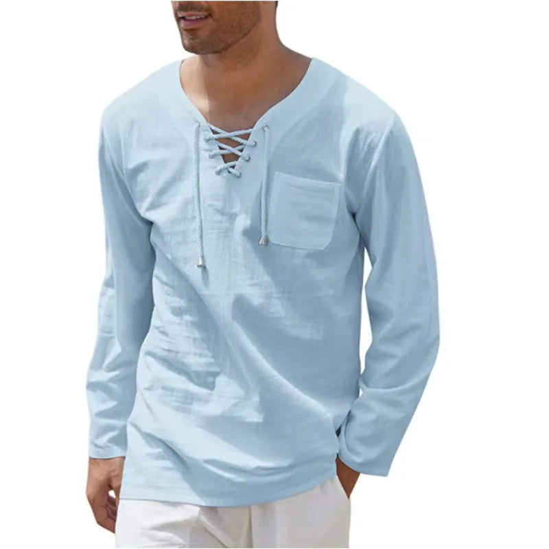 Hehope Summer New Men's Long Sleeves T-shirt Cotton Linen Clothes V Neck Lace-up Loose Tops Tees Shirt Beach Casual Pullover S-4XL