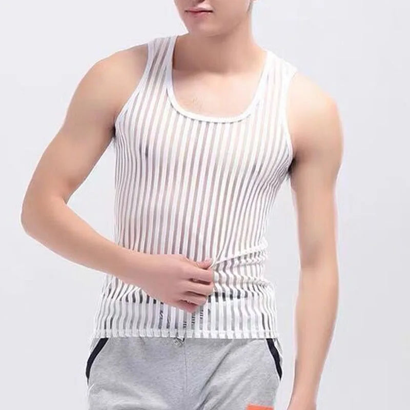 Hehope Summer New Man Sling Slim Thin Style Lace Mesh Tops Men's Hollow Out Sexy Fashion Sheer Tank Tops