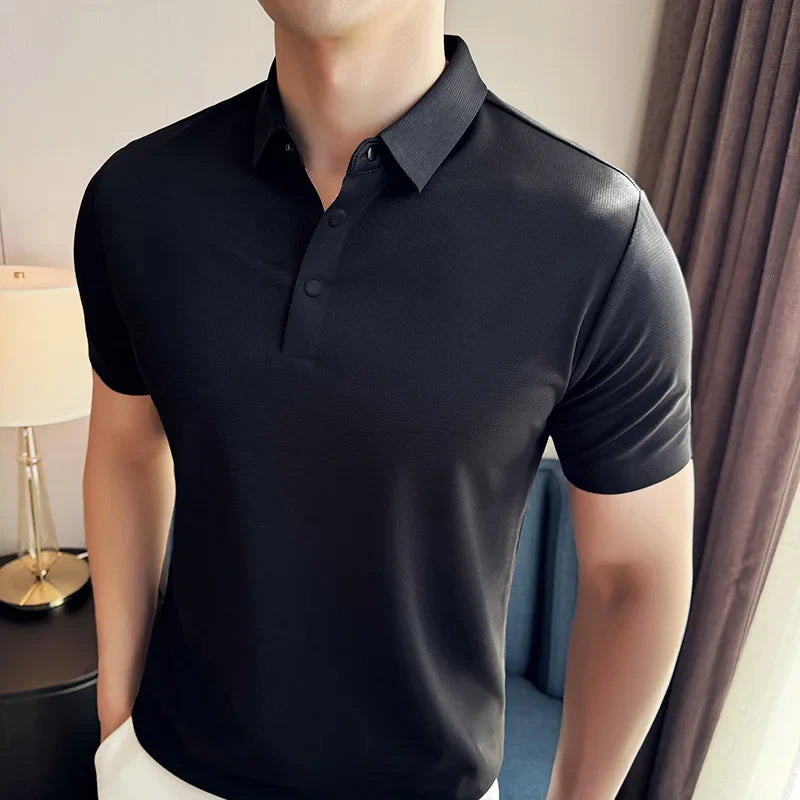 Hehope Men Polo Shirt 2024 Summer New Ice Silk Lightweight traceless Solid Casual Elastic Slim Fit Short Sleeved T-shirt Men Clothing