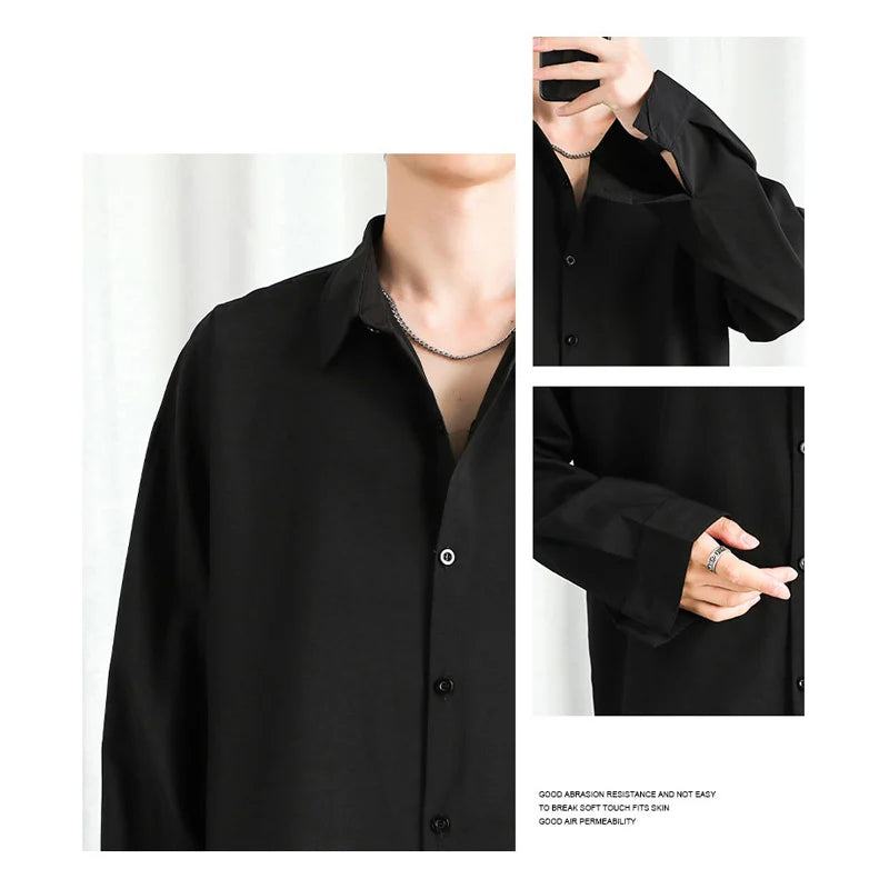 Hehope Korean Fashion Mens Shirts Summer Thin Ice Silk Long Sleeve Shirt Men Young Handsome Loose Solid Color Drape Shirt 4xl