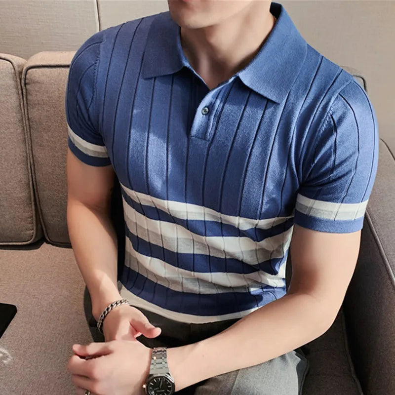 Hehope Summer Striped Knitted Polo Shirt Men Short Sleeve Lapel Tee Tops High Quality Casual Slim Fit Business Social Polos Streetwear