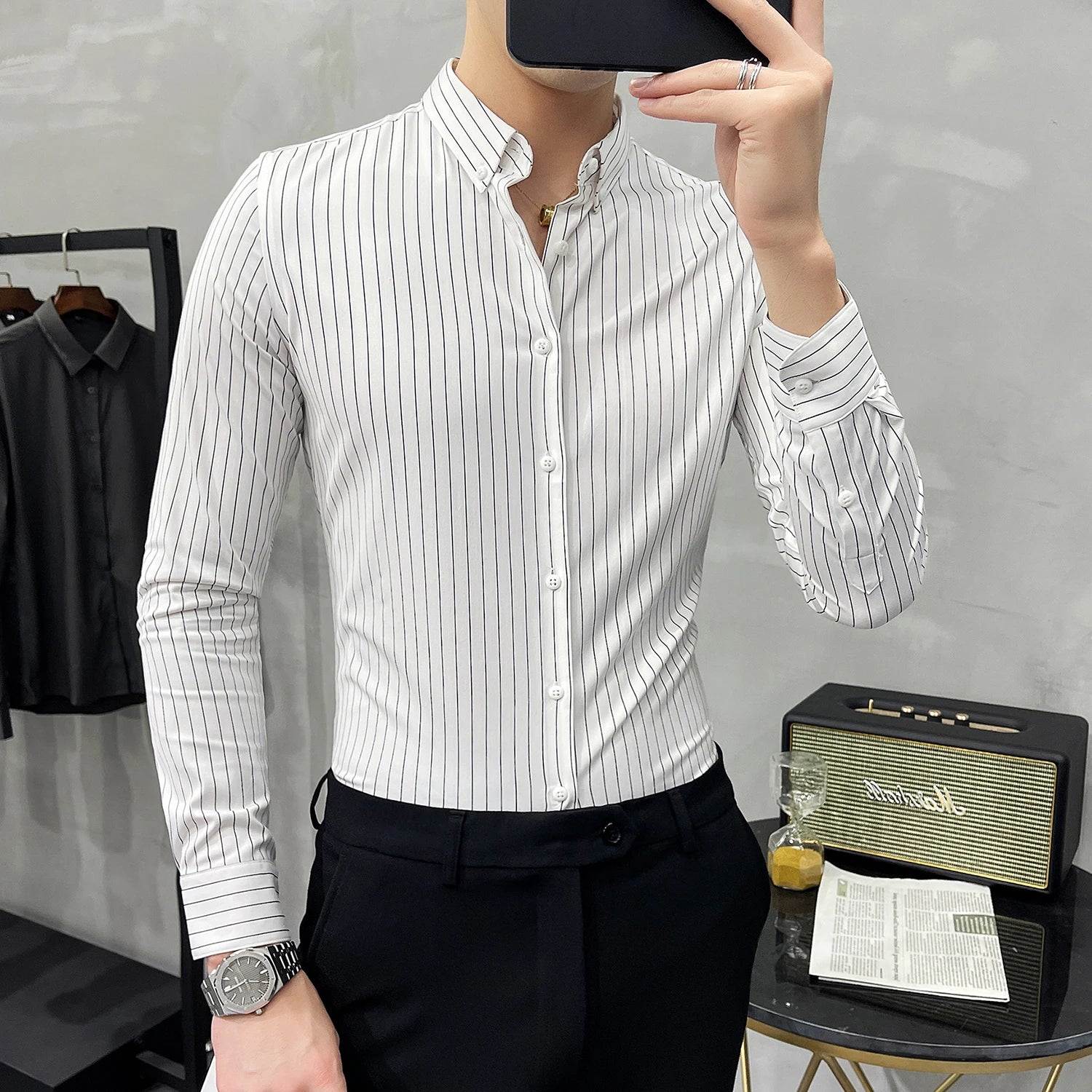 Hehope British Style Striped Shirts Mens Long Sleeve Business Formal Dress Shirt Casual Slim Fit Shirt Streetwear Social Party Clothing