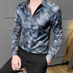 Hehope Summer Handsome Retro Loose Casual England Style Men's Shirt Irregular Print Polyester Button Lapels Long Sleeve Y2K Chic Tops