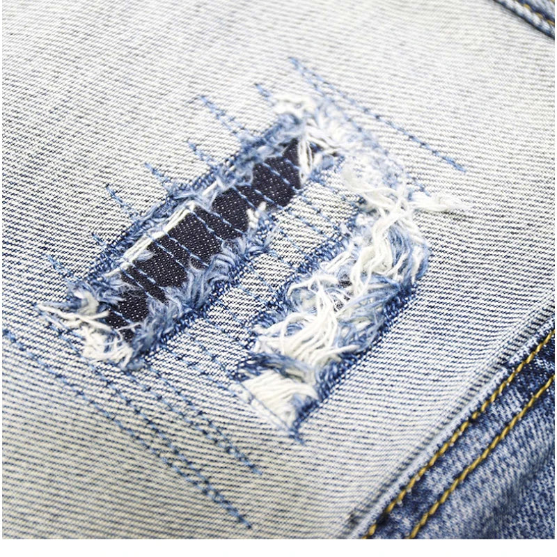 Hehope Autumn Winter New Trend Men's Straight Slim Jeans Ripped Hole Patch  Vintage Distressed Fashion Splicing Denim Pants Streetwear