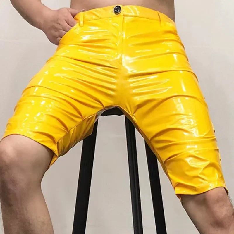 Hehope Shinny Leather Short Sexy Nightclub Multicolor Elasticity Slim Men Motorcycle Shorts Men's DS Costumes Anti-bright PU Pant