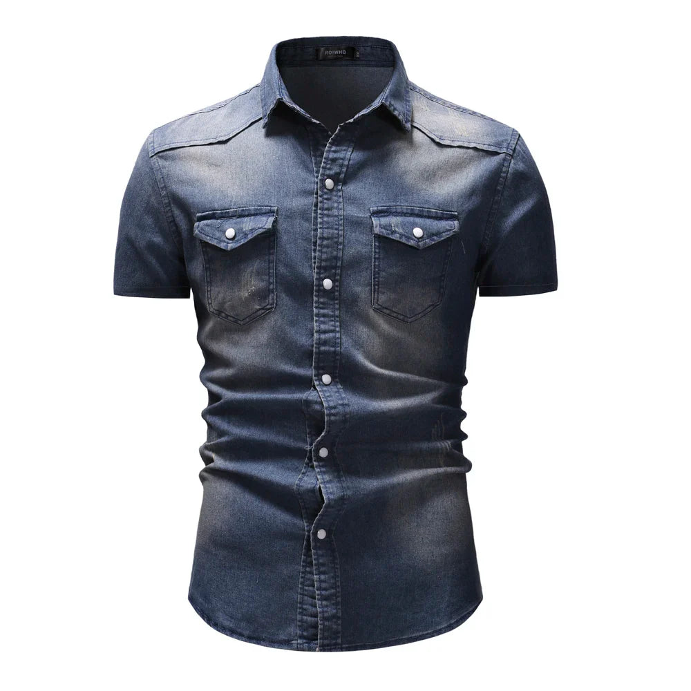 Hehope Summer New Simple Men Denim Shirt Casual Business Mens Short Sleeve Shirts Fashion Polo Collar Male Tops