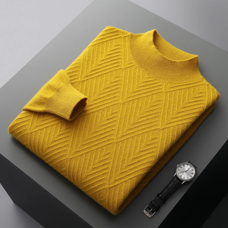 Hehope 100%Pure Wool Cashmere Sweater Men's Loose Half Turtleneck Jacquard Pullovers Autumn Winter Youth Top High-End Knit Shirt