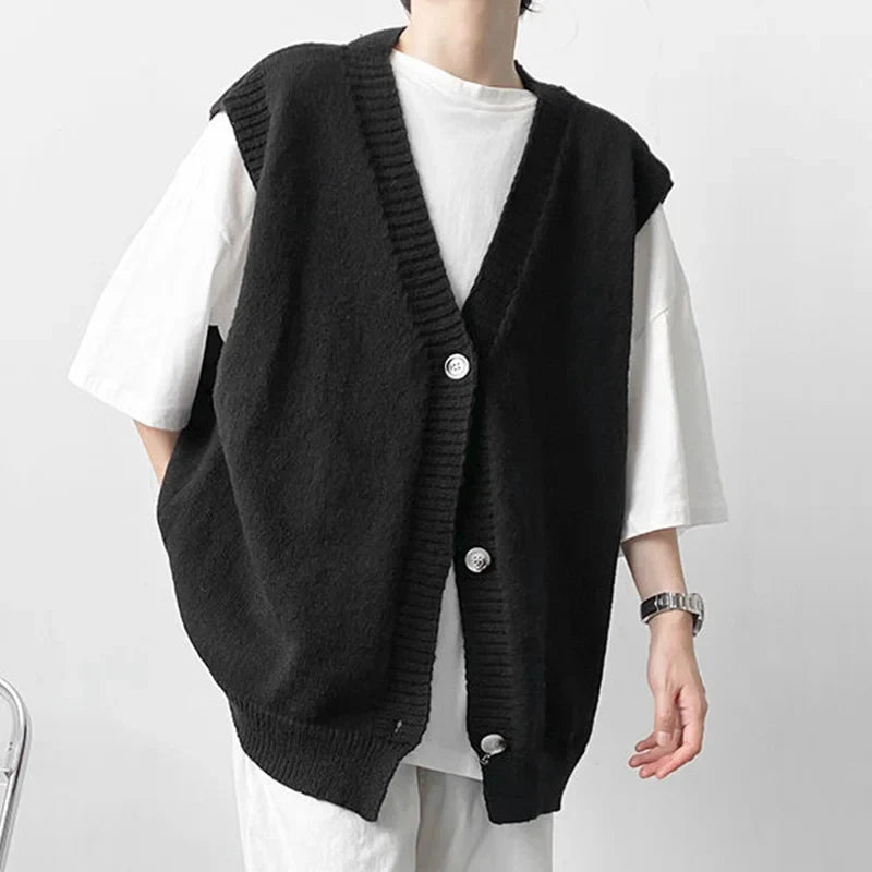 Hehope Fashion Menswear Solid Color Knitting Cardigan Sweater Men's Spring And Winter New Loose V-neck Single Breasted Vest