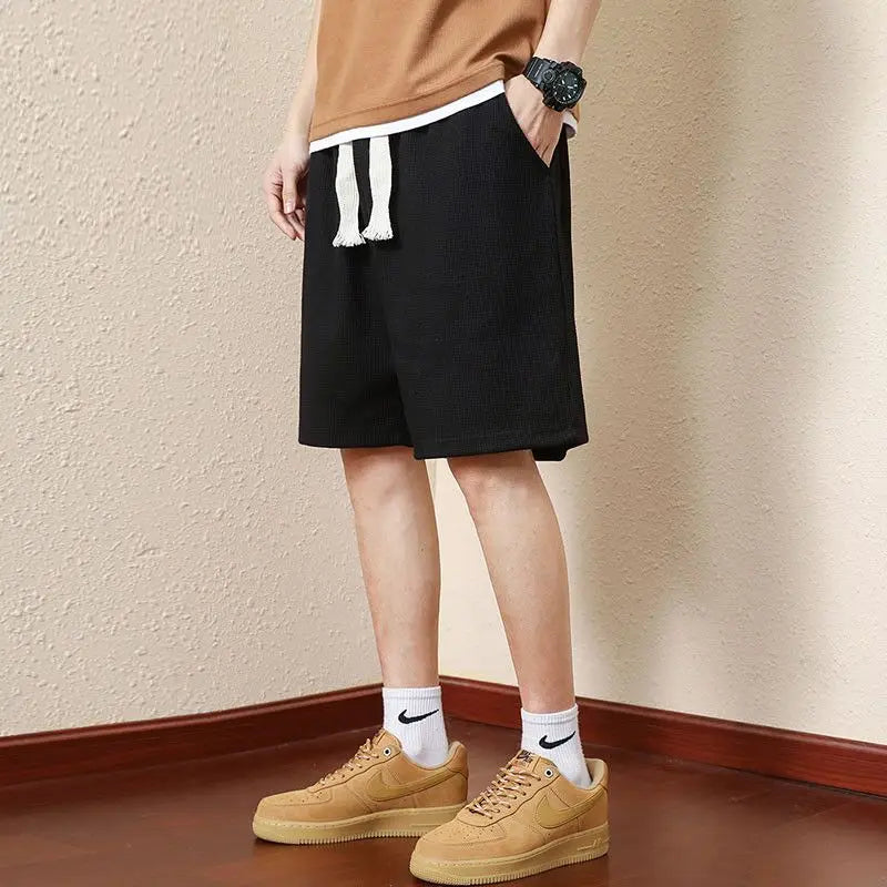 Hehope Summer Fashion Versatile Waffle Loose Casual Shorts Men Solid Elastic Waist Drawstring Pocket Breathable Thin Sport Short Pants